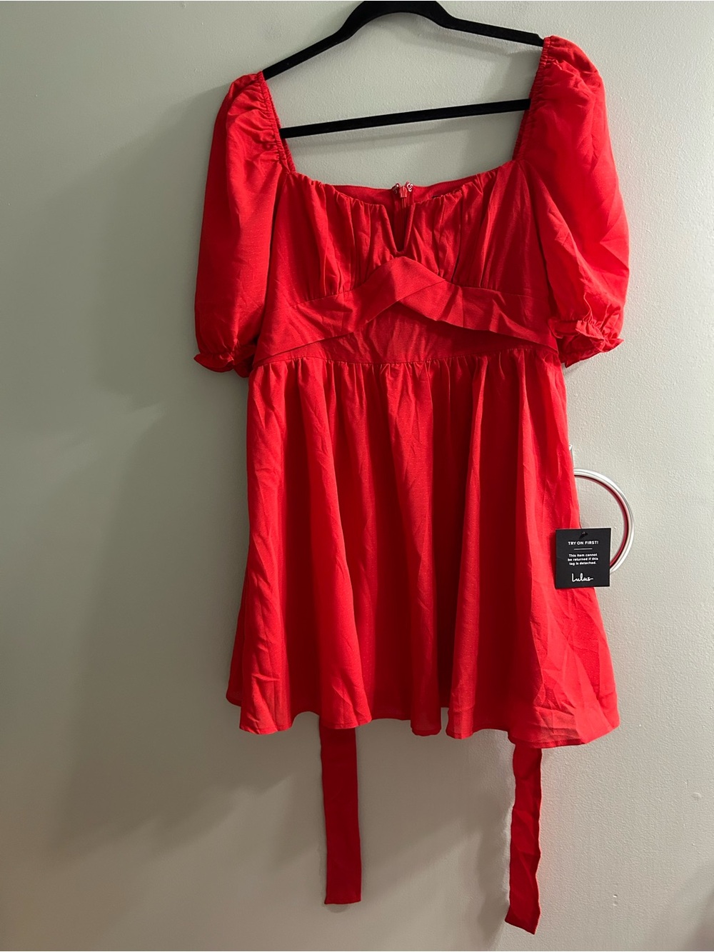 NWT LULUS Blissful Charm Red Puff Sleeve Notch Neck Mini Dress - Picture 4 of 9